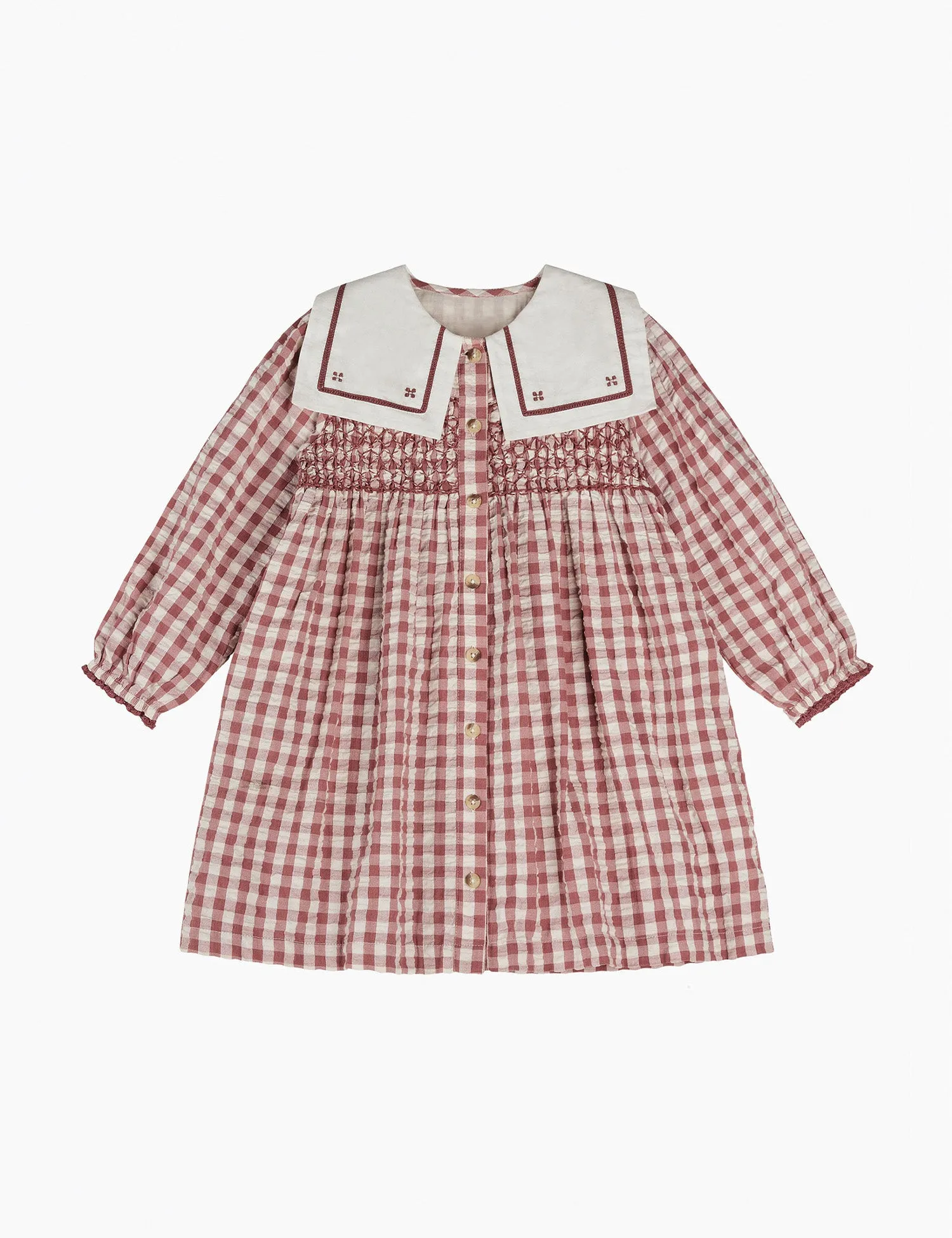 Smocked Sabrina Dress in Apple Butter Seersucker Gingham