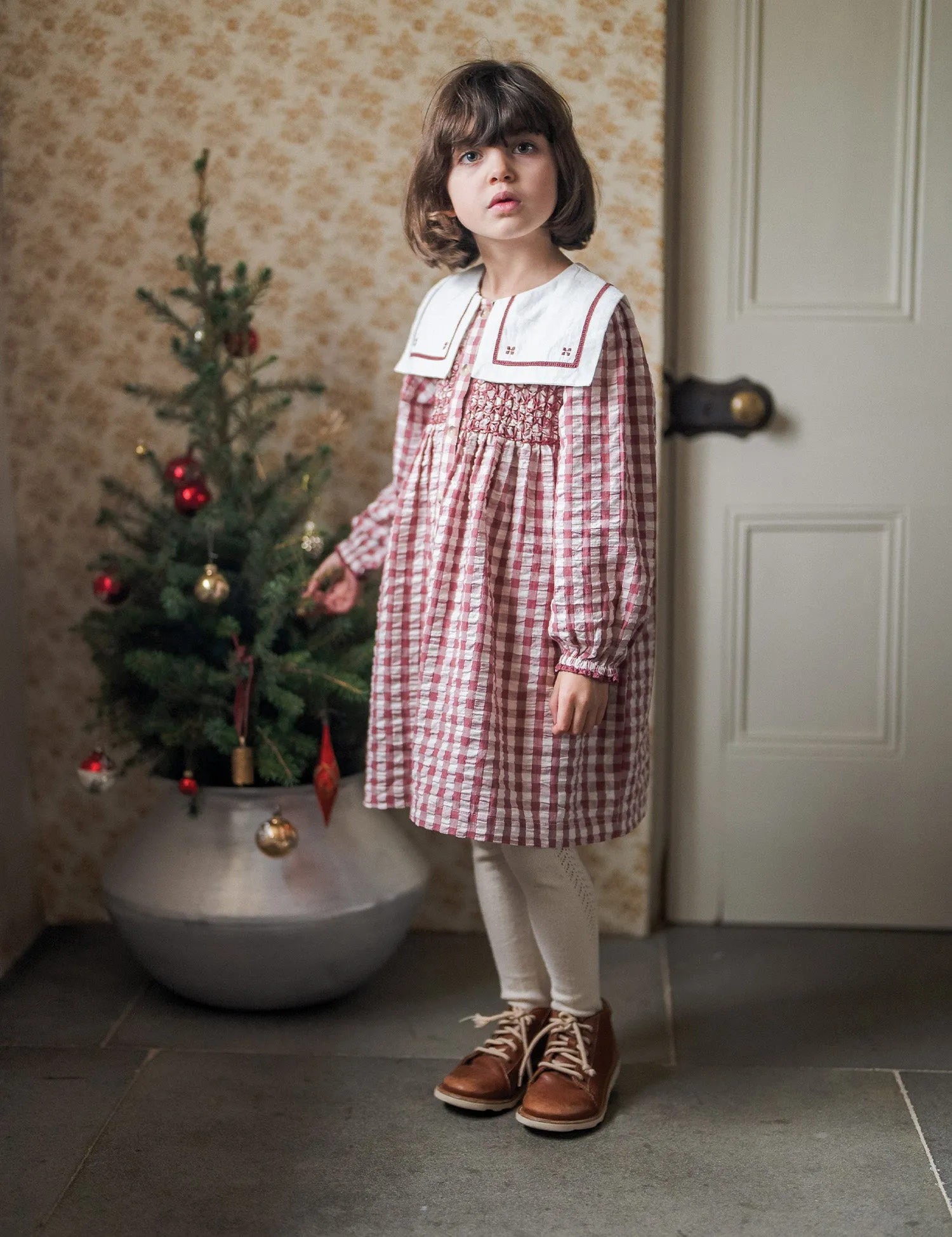 Smocked Sabrina Dress in Apple Butter Seersucker Gingham