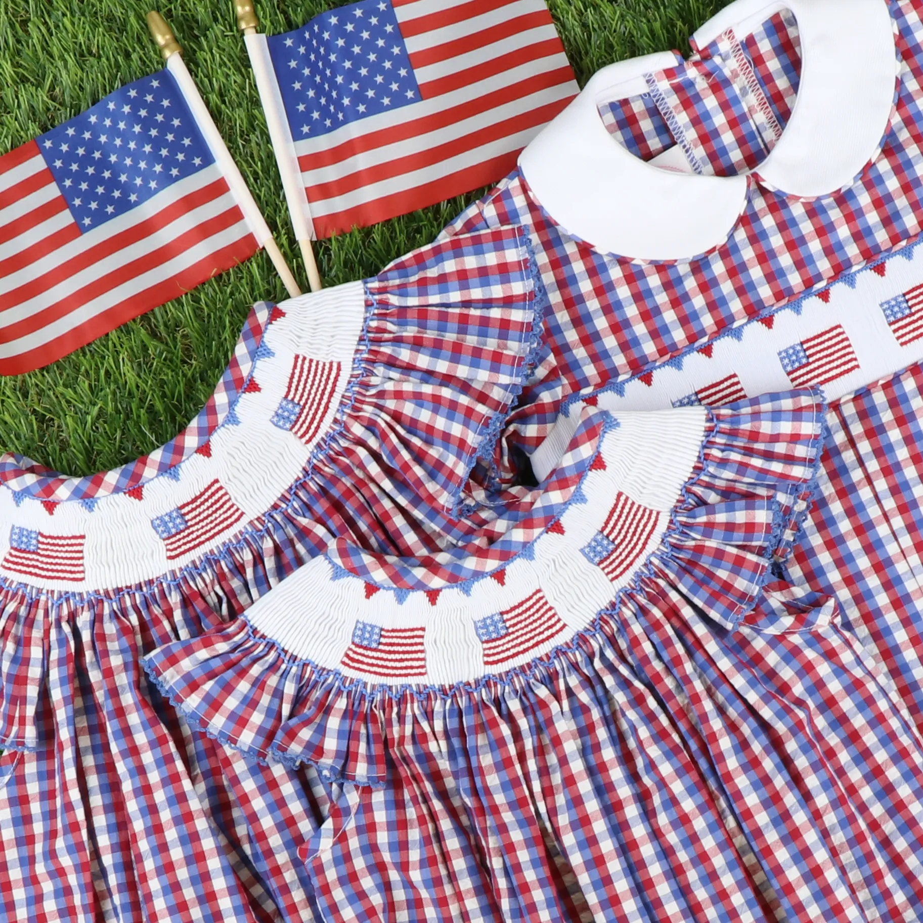 Smocked Stars & Stripes Boy Romper - Red, White, & Blue Check Seersucker