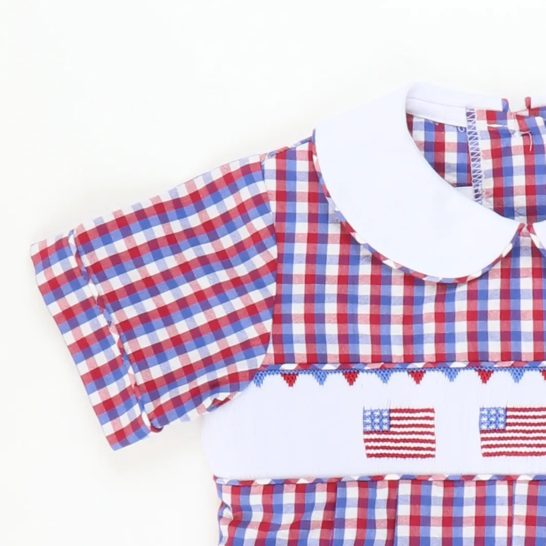 Smocked Stars & Stripes Boy Romper - Red, White, & Blue Check Seersucker