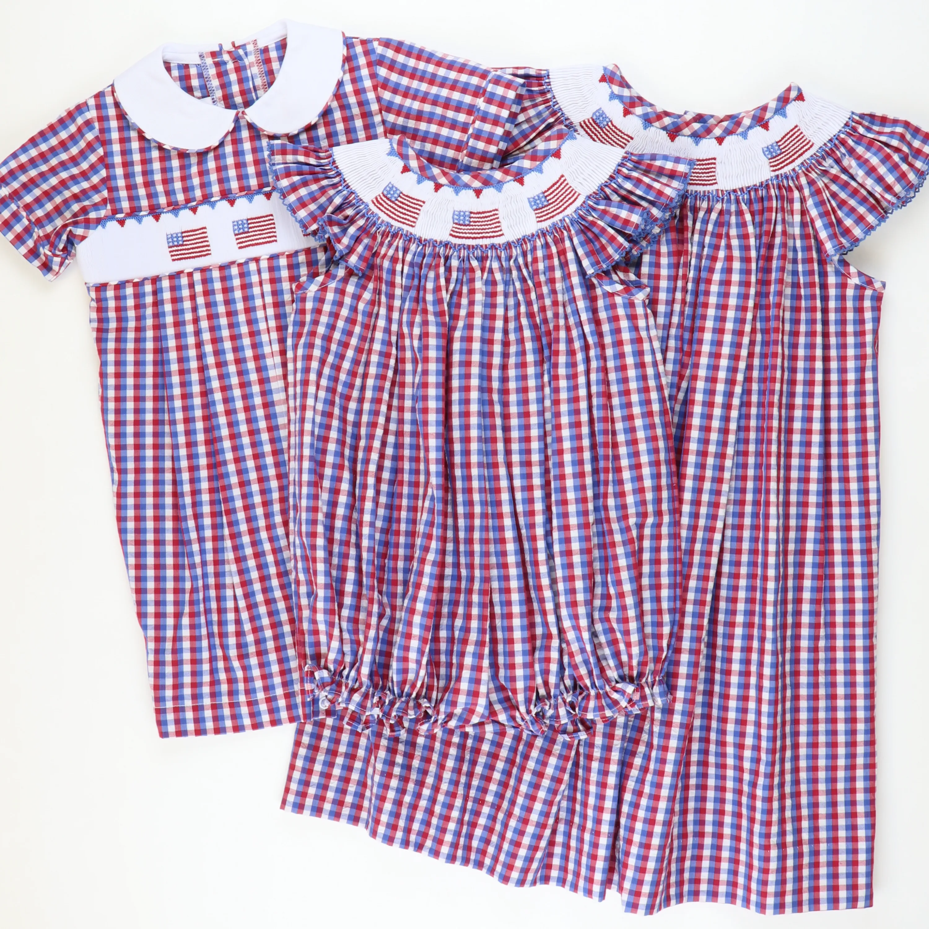 Smocked Stars & Stripes Boy Romper - Red, White, & Blue Check Seersucker