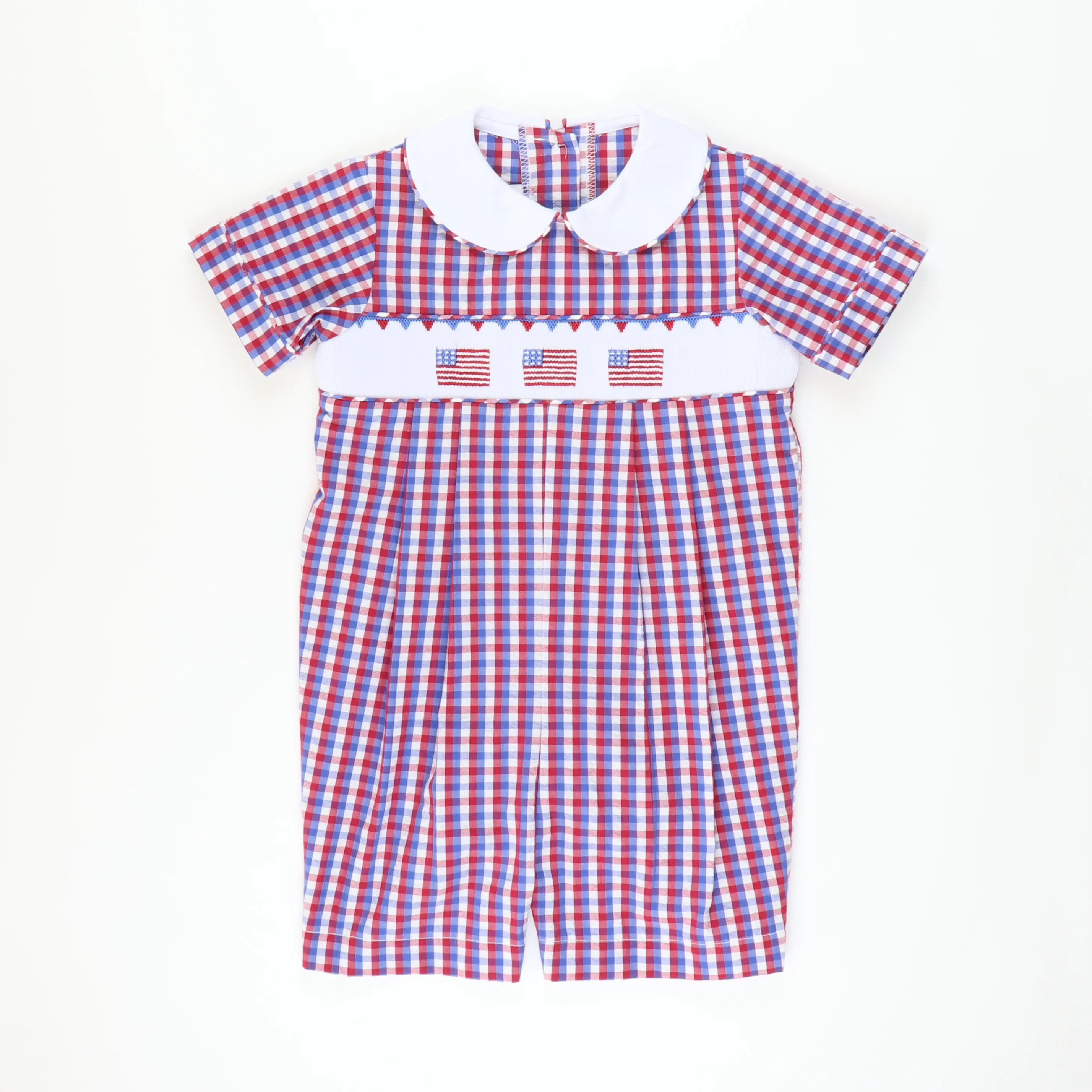 Smocked Stars & Stripes Boy Romper - Red, White, & Blue Check Seersucker