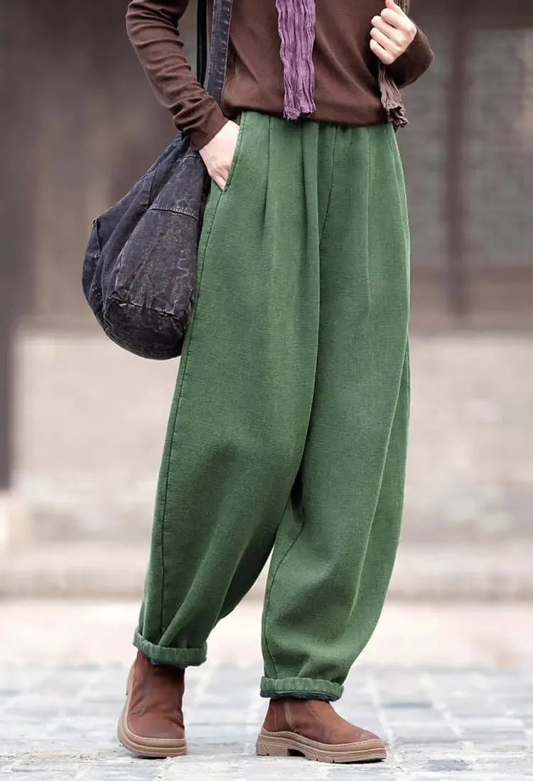 Spring Casual Linen Lantern Plus Fleece Pants for Women