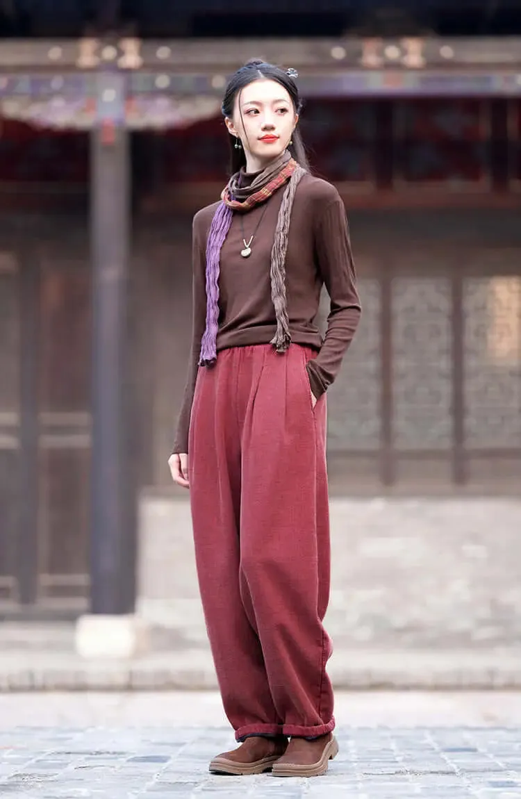 Spring Casual Linen Lantern Plus Fleece Pants for Women