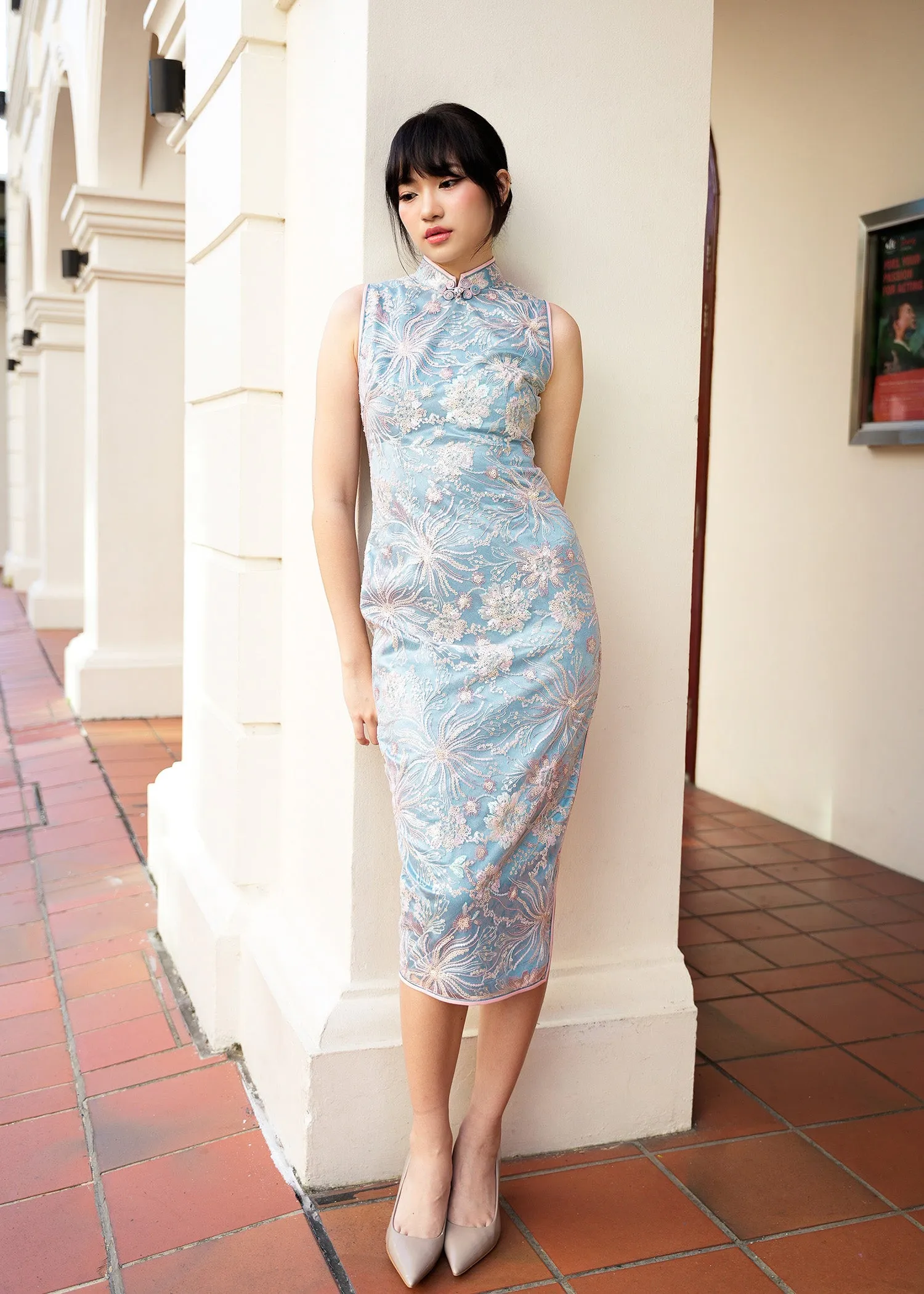 Star Gazer Sequinned Qipao (Light Teal)