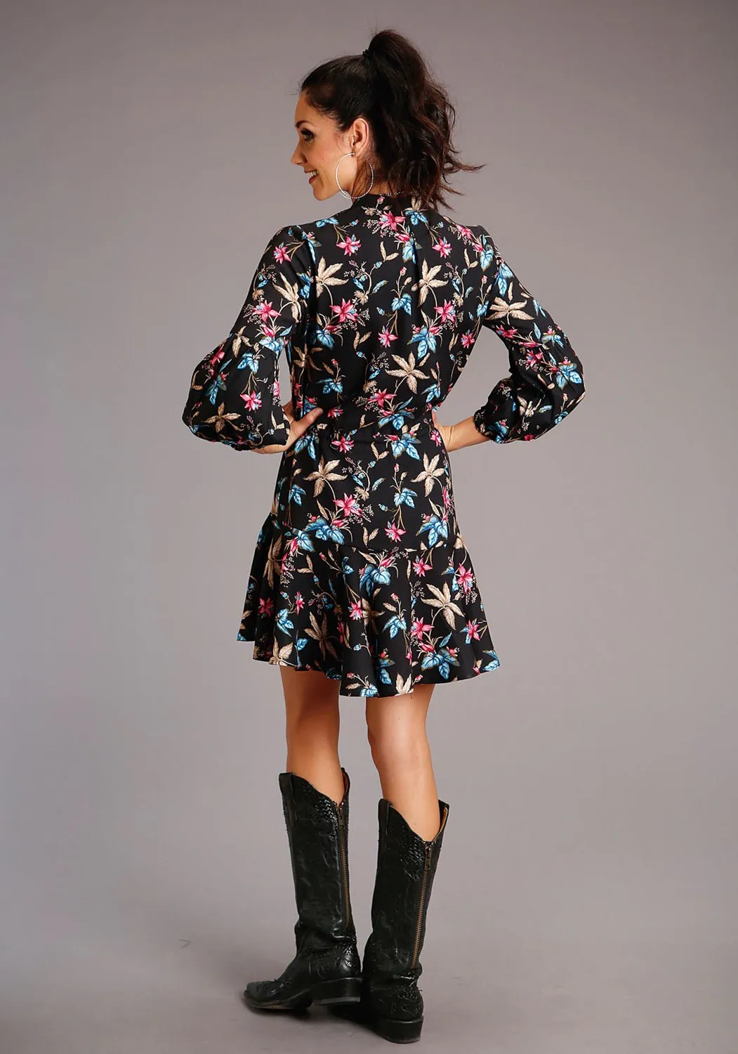 Stetson Womens Feather Floral Print Black 100% Rayon L/S Dress