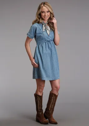 Stetson Womens V-Neck Cross Front Blue Cotton Blend S/L Dress