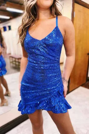 Straps Royal Blue Sequin Mermaid Ruffle Short Dress