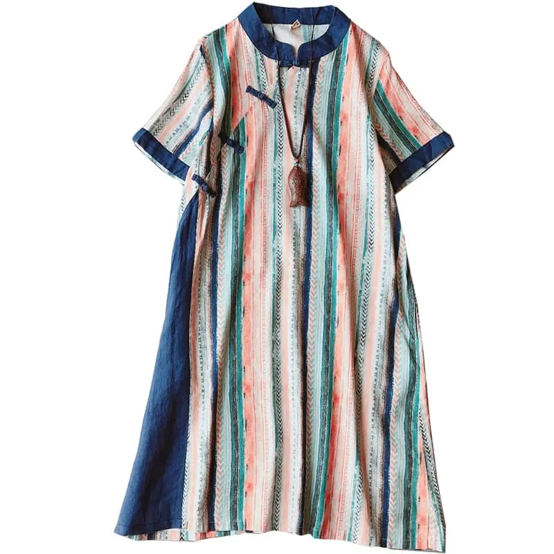 Striped Chinese Traditional Qipao Dress with Short Sleeves