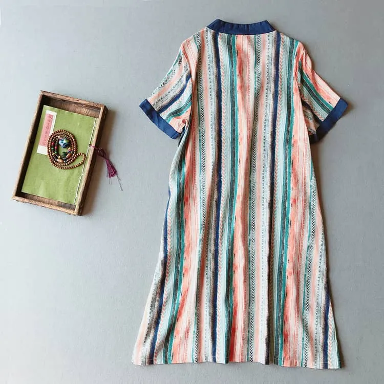 Striped Chinese Traditional Qipao Dress with Short Sleeves