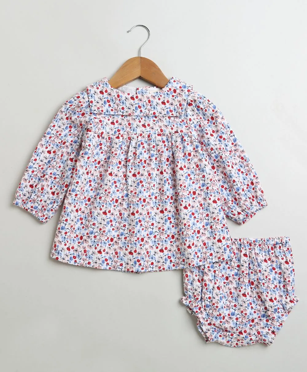 Sweetlime By AS Red & Blue Floral Print Organic Cotton Dress with a matching Bloomer.