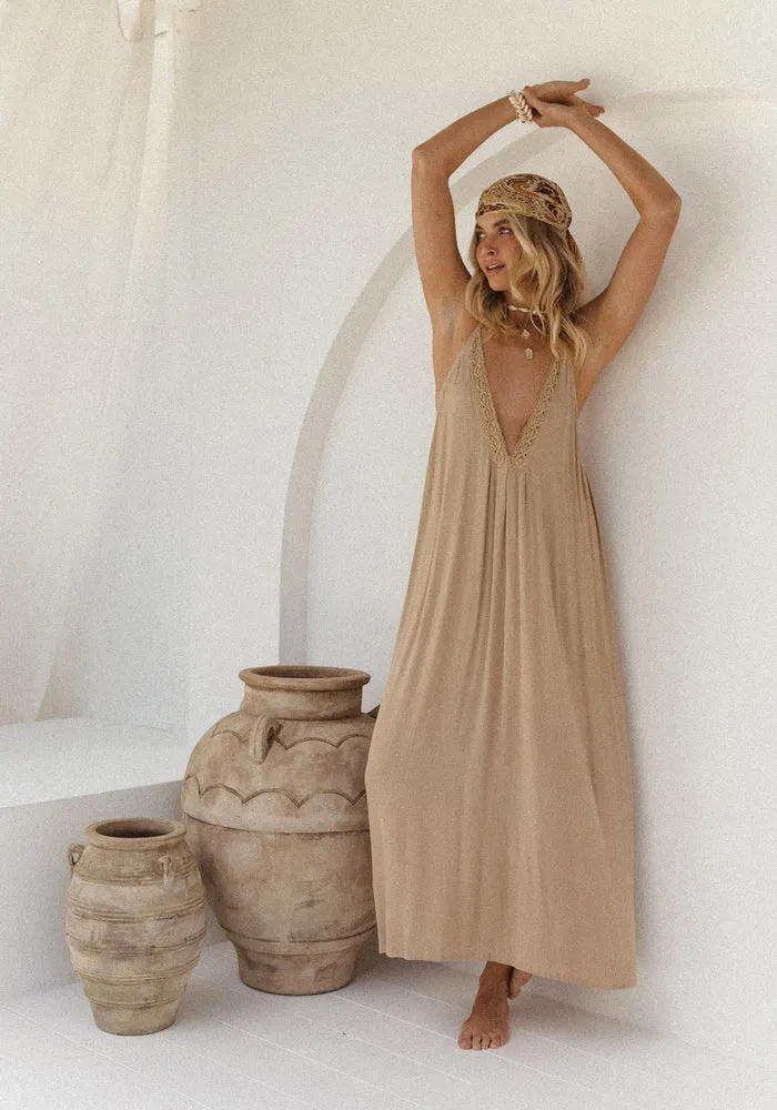 Temple Backless Maxi Dress - Almond