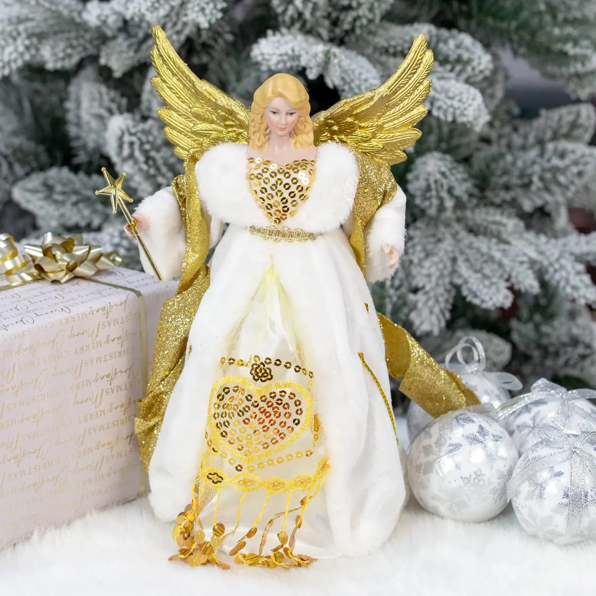 The Christmas Workshop 82050 Angel Christmas Tree Topper / 12 inch Tall/Gold & Cream Coloured/Indoor Christmas Decoration