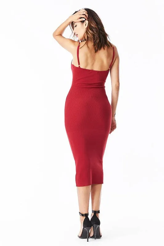 THE MYSTYLEMODE BURGUNDY KNIT RIBBED SPAGHETTI STRAP MIDI DRESS