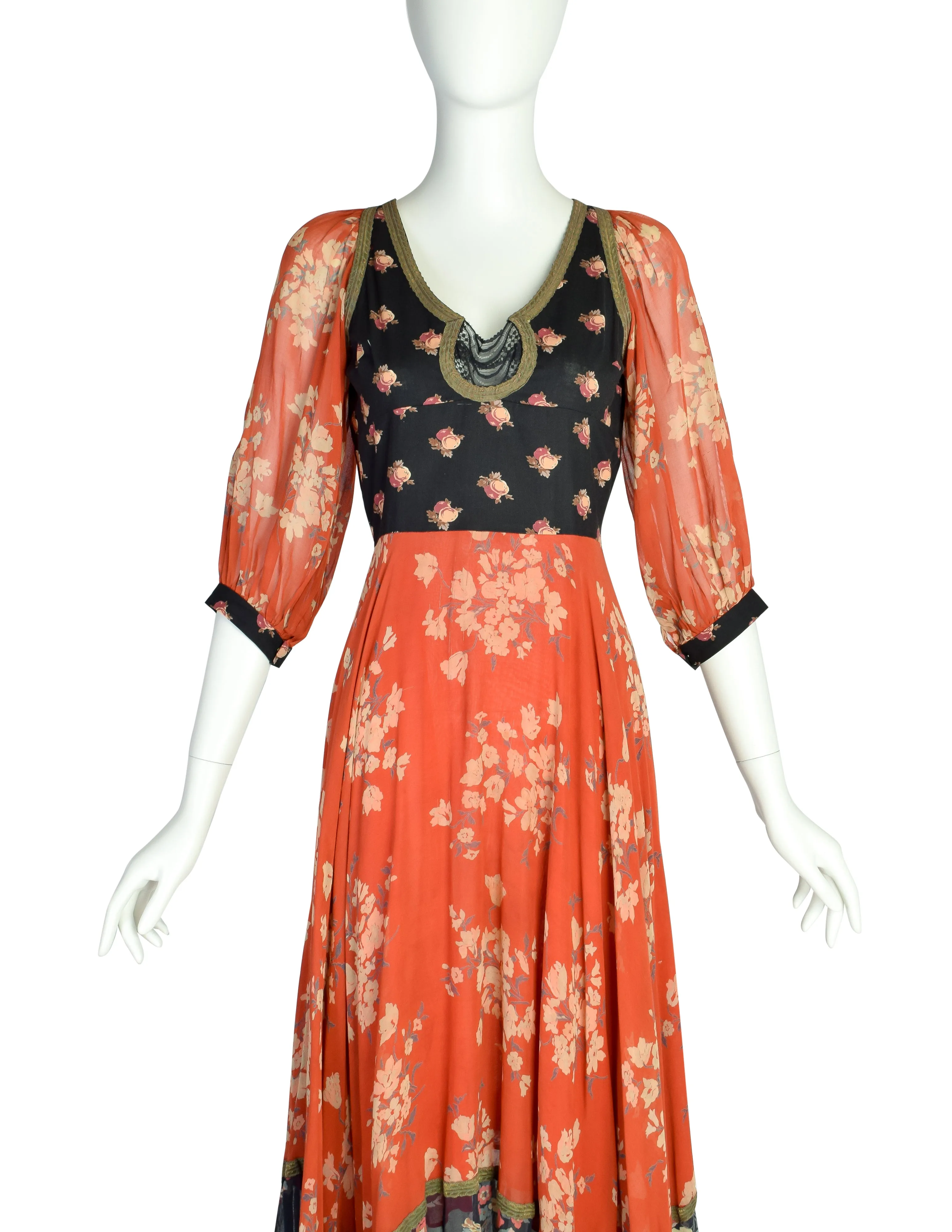 Thea Porter Vintage 1971 Iconic Bohemian Mixed Floral Red Black Full Skirt Dress