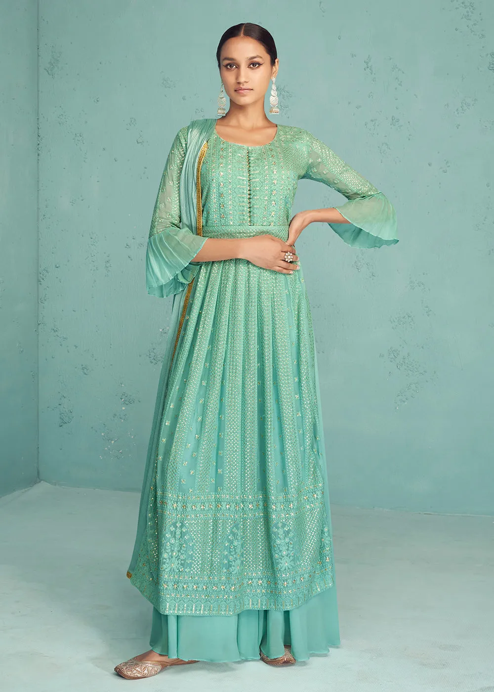 Traditional Aqua Blue Georgette Embroidered Anarkali Suit