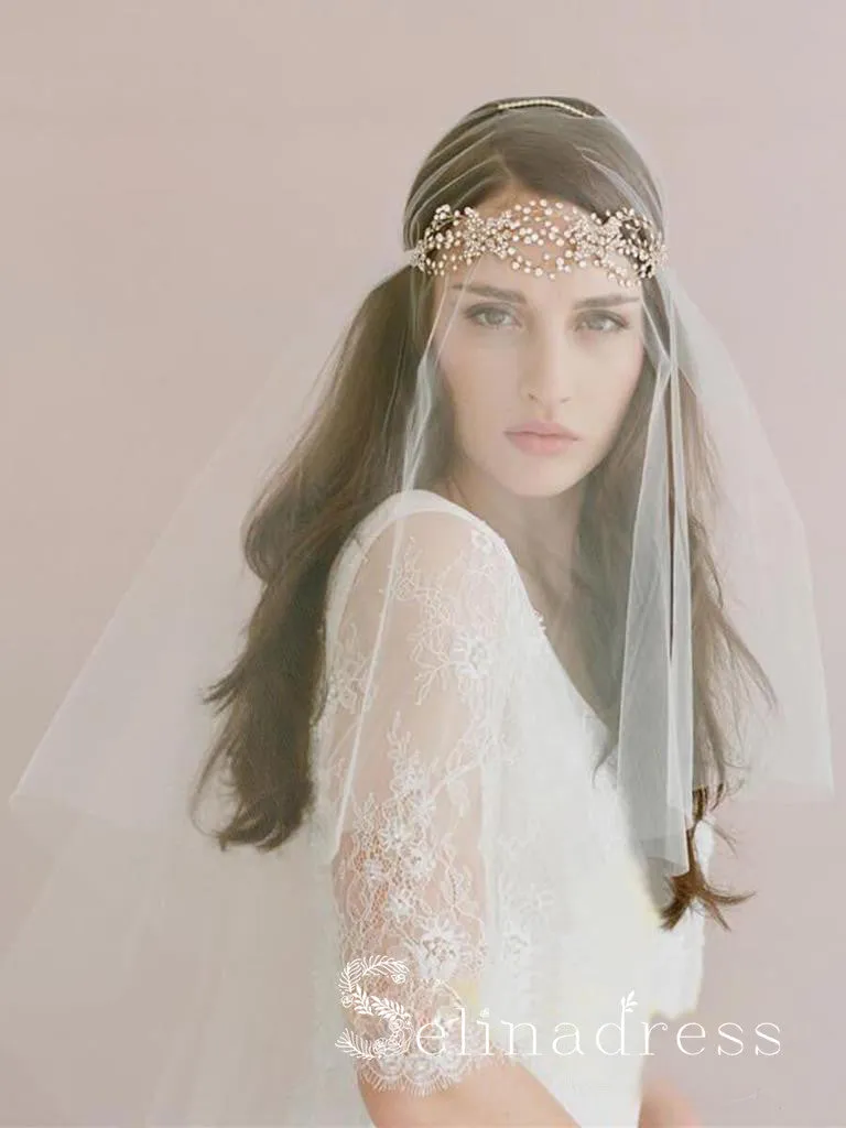 Traditional Drop Veil Blusher Wedding Veil with Crystal Headpiece ALC007