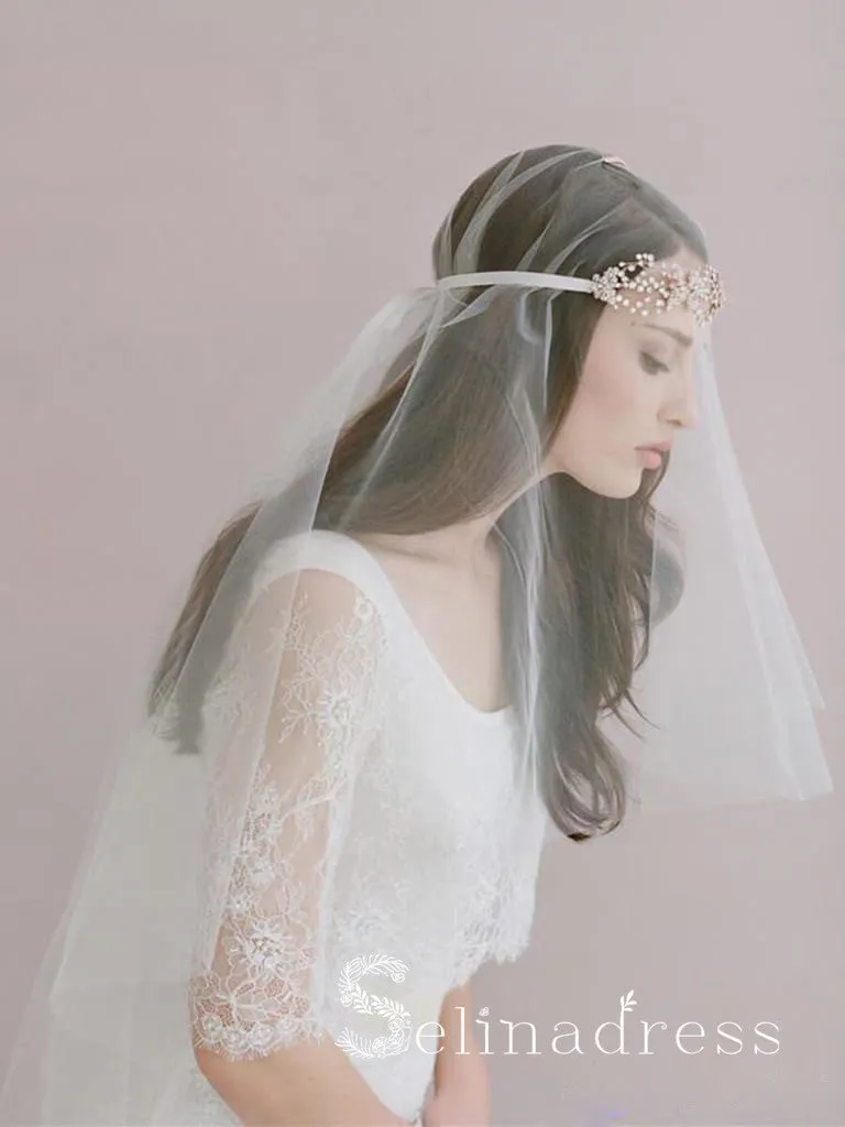 Traditional Drop Veil Blusher Wedding Veil with Crystal Headpiece ALC007