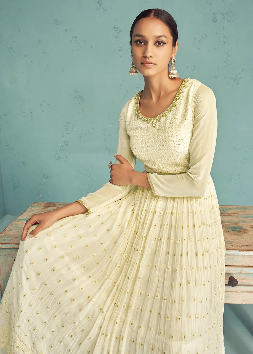 Traditional Ivory Beige Georgette Embroidered Anarkali Suit