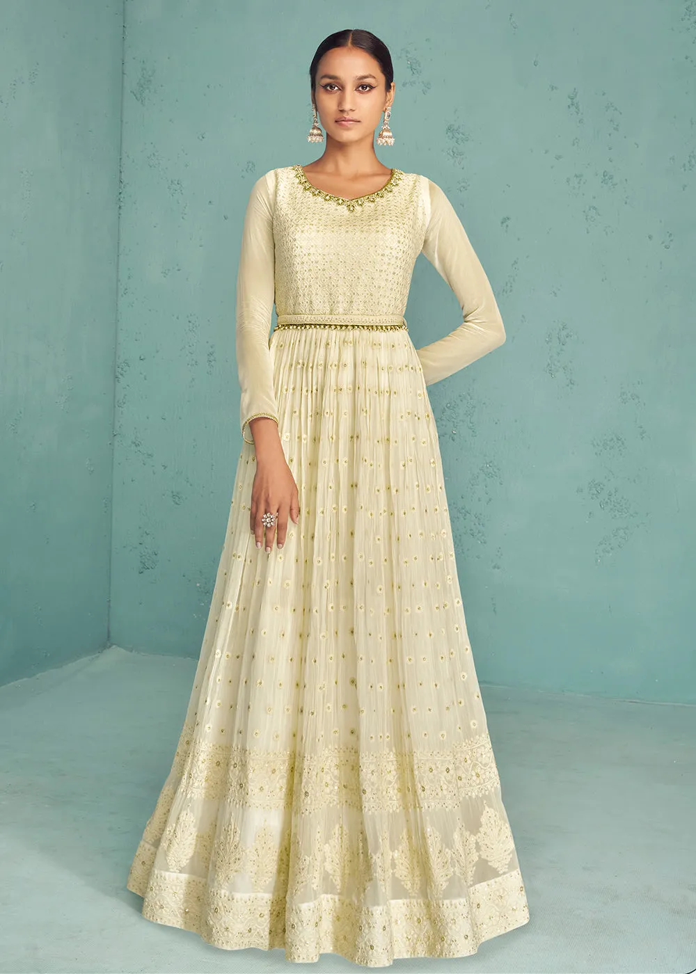 Traditional Ivory Beige Georgette Embroidered Anarkali Suit