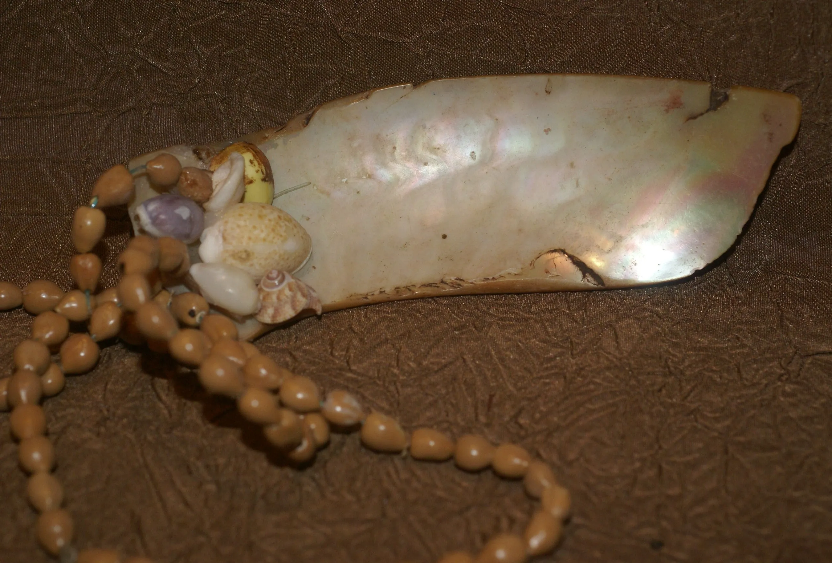 Tribal Mengar Pectoral Necklace or Ornament,  also Kina Currency, Large Mother of Pearl Drop Pendant  (6” long) with Shells Decorations & Seed Beads Band, Ethnic Shell Art from Kimbaku Village, Western Highlands, Papua New Guinea KD4