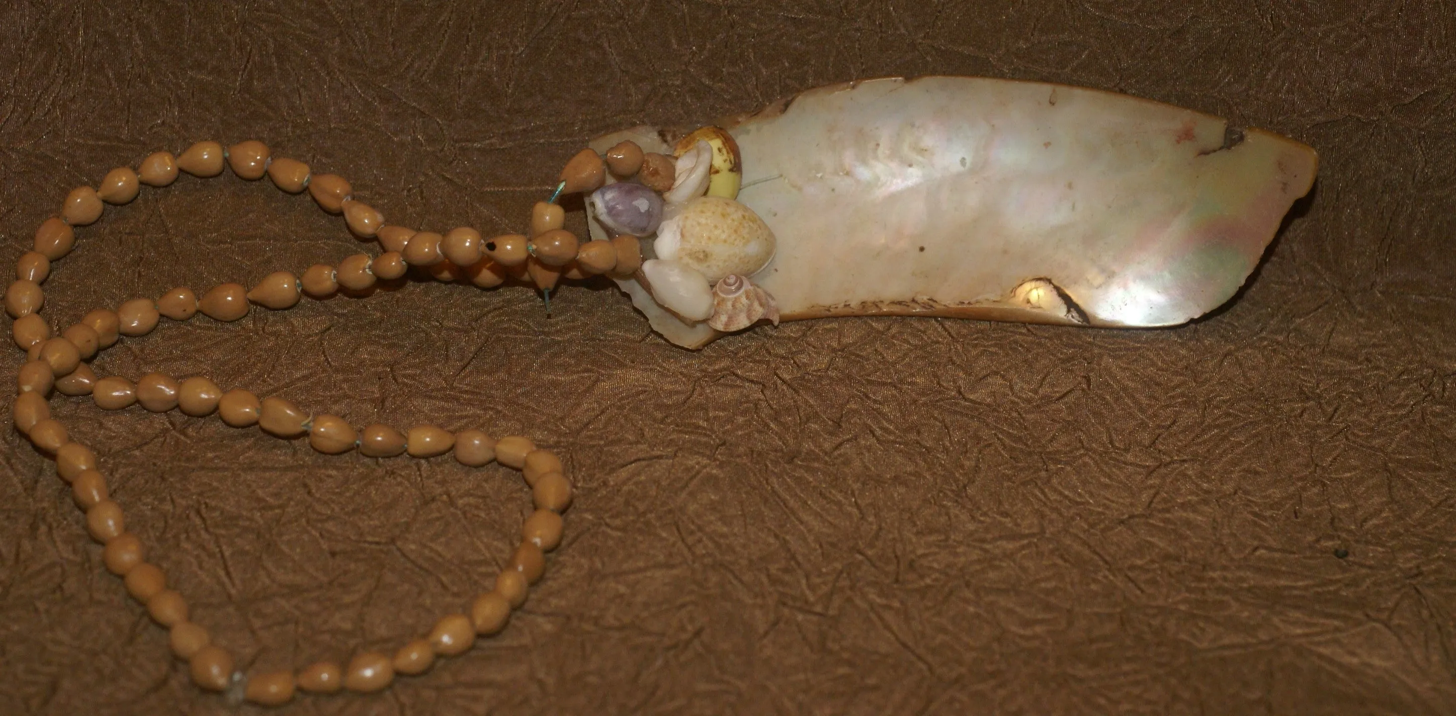 Tribal Mengar Pectoral Necklace or Ornament,  also Kina Currency, Large Mother of Pearl Drop Pendant  (6” long) with Shells Decorations & Seed Beads Band, Ethnic Shell Art from Kimbaku Village, Western Highlands, Papua New Guinea KD4