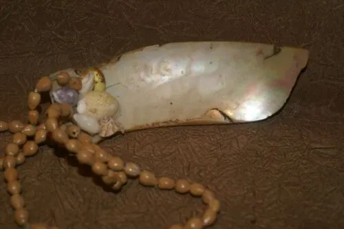 Tribal Mengar Pectoral Necklace or Ornament,  also Kina Currency, Large Mother of Pearl Drop Pendant  (6” long) with Shells Decorations & Seed Beads Band, Ethnic Shell Art from Kimbaku Village, Western Highlands, Papua New Guinea KD4