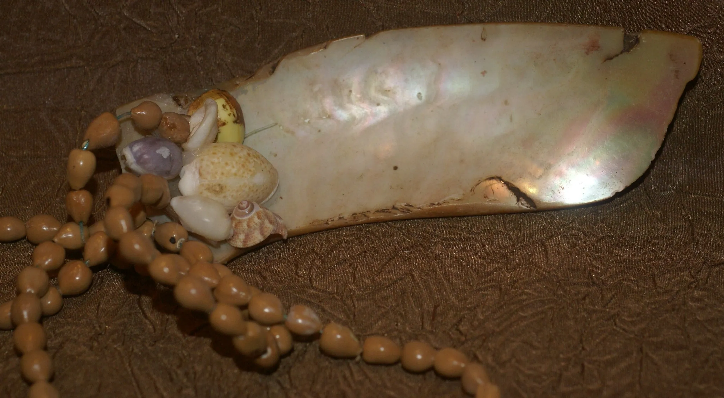 Tribal Mengar Pectoral Necklace or Ornament,  also Kina Currency, Large Mother of Pearl Drop Pendant  (6” long) with Shells Decorations & Seed Beads Band, Ethnic Shell Art from Kimbaku Village, Western Highlands, Papua New Guinea KD4