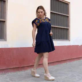 Tulipan Embroidered Dress with Pockets - Navy with Yellow, Orange and Blue