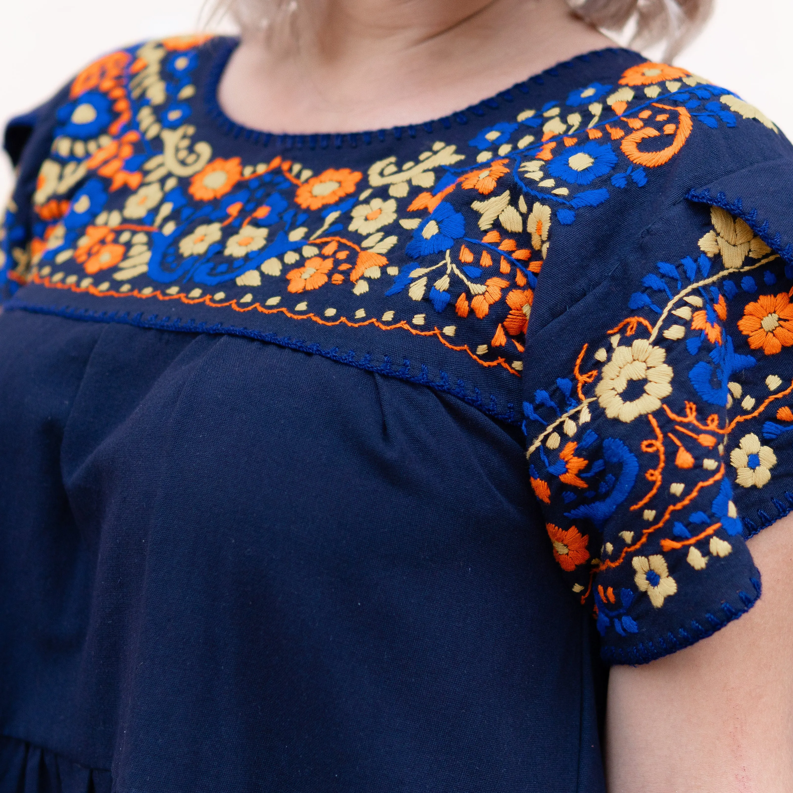 Tulipan Embroidered Dress with Pockets - Navy with Yellow, Orange and Blue