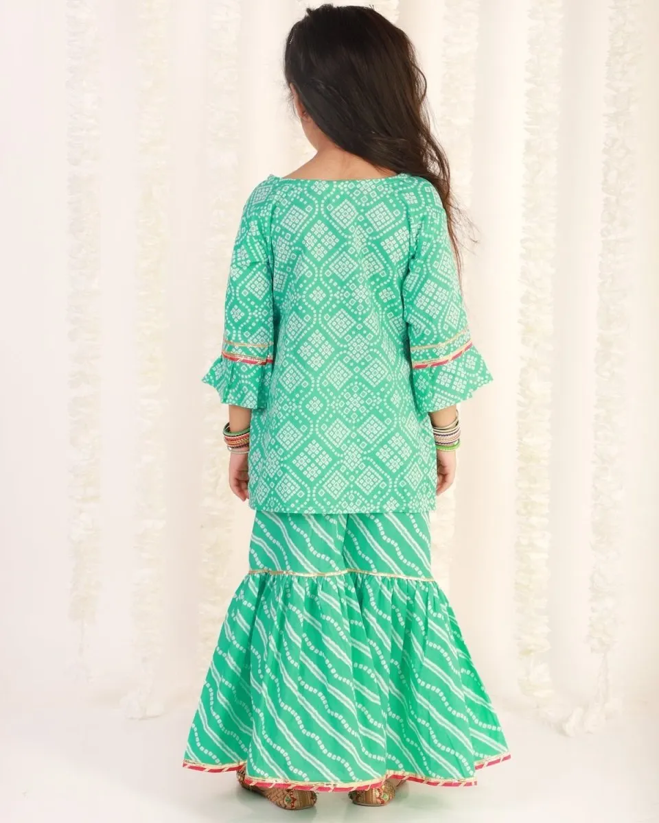 Turquoise Bandhani Girls Kurta Sharara Set