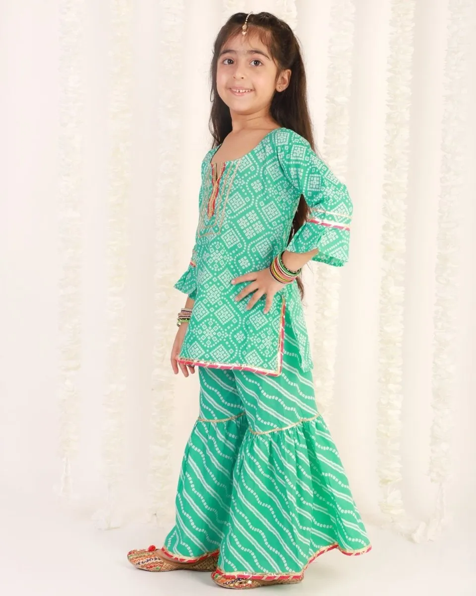 Turquoise Bandhani Girls Kurta Sharara Set