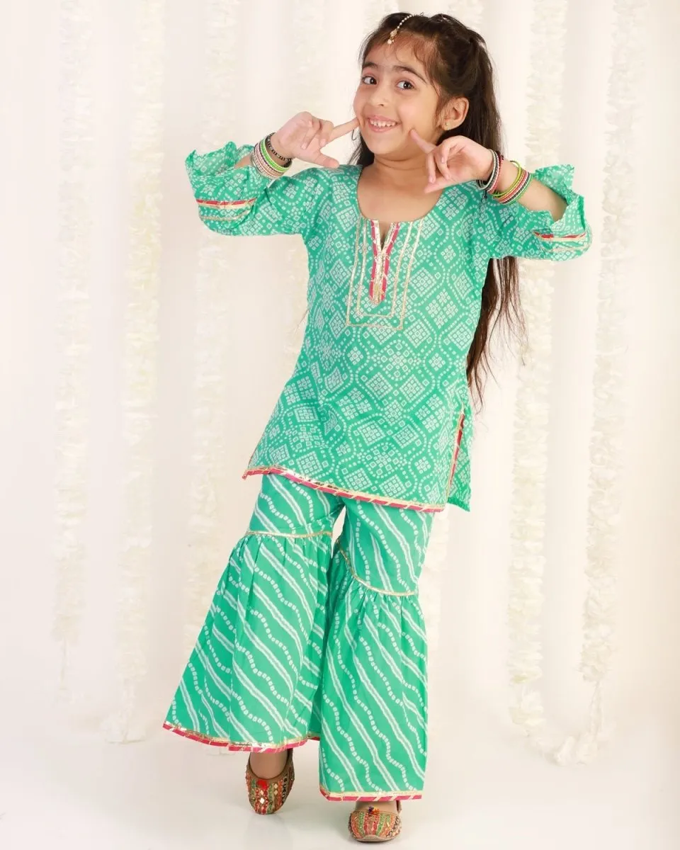 Turquoise Bandhani Girls Kurta Sharara Set