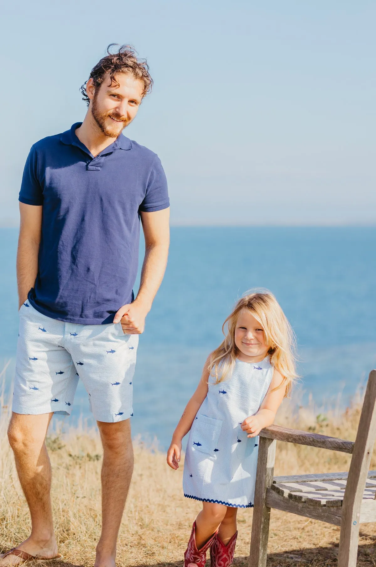 Turquoise Seersucker Girls Dress with Navy Embroidered Sharks