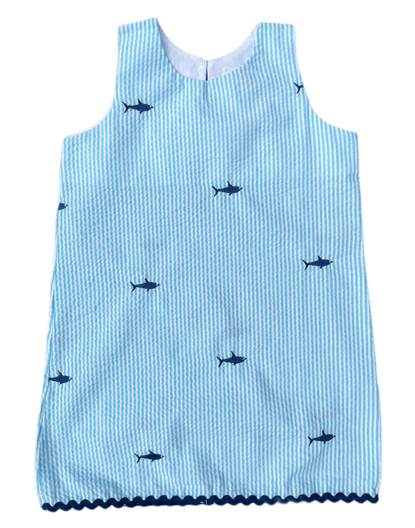 Turquoise Seersucker Girls Dress with Navy Embroidered Sharks