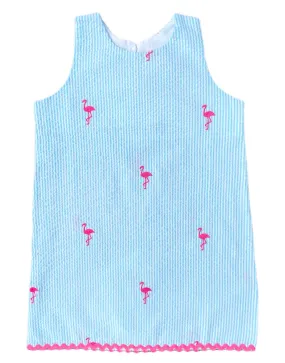 Turquoise Seersucker Girls Dress with Pink Embroidered Flamingos