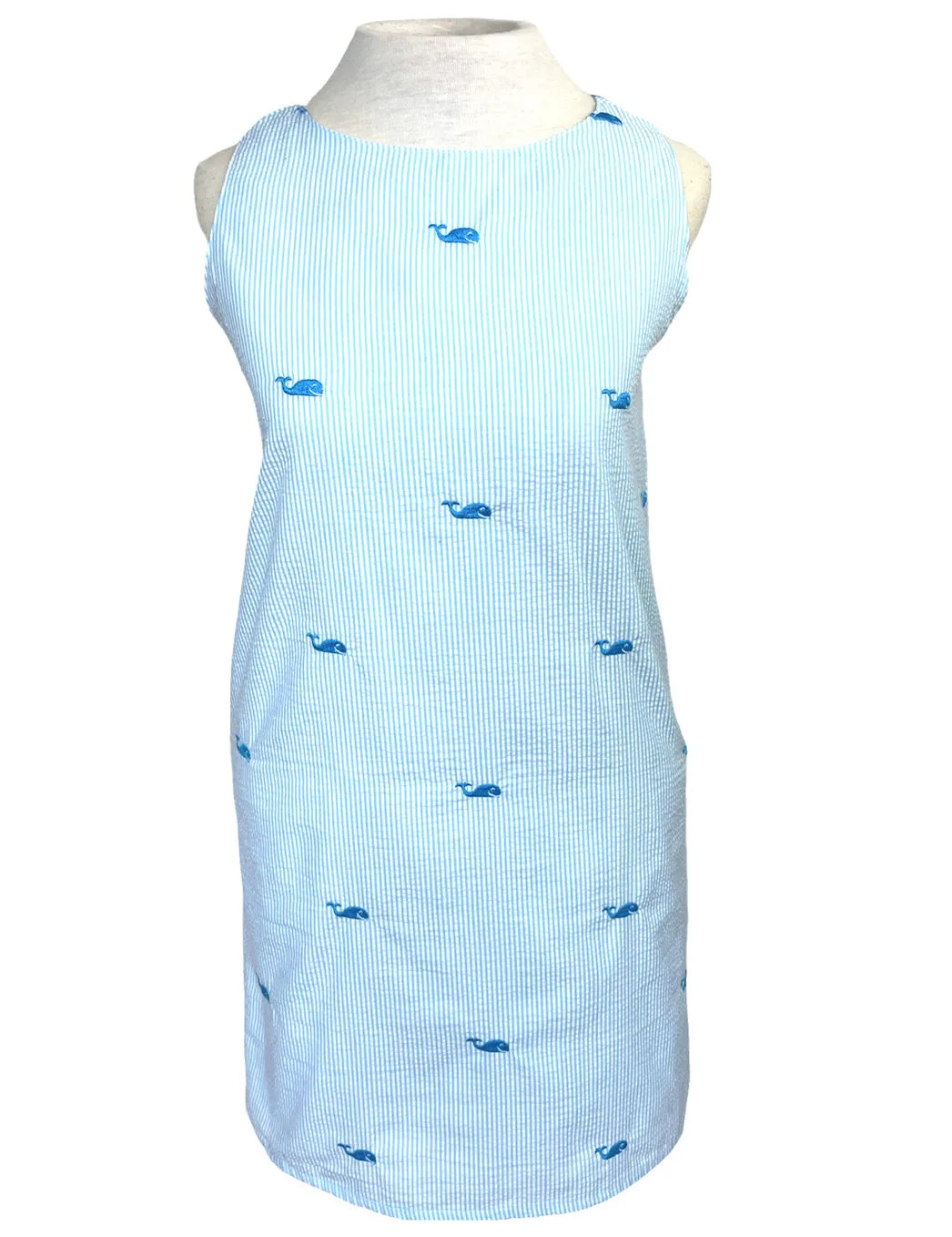 Turquoise Women's Seersucker Dress with Embroidered Turquoise Whales