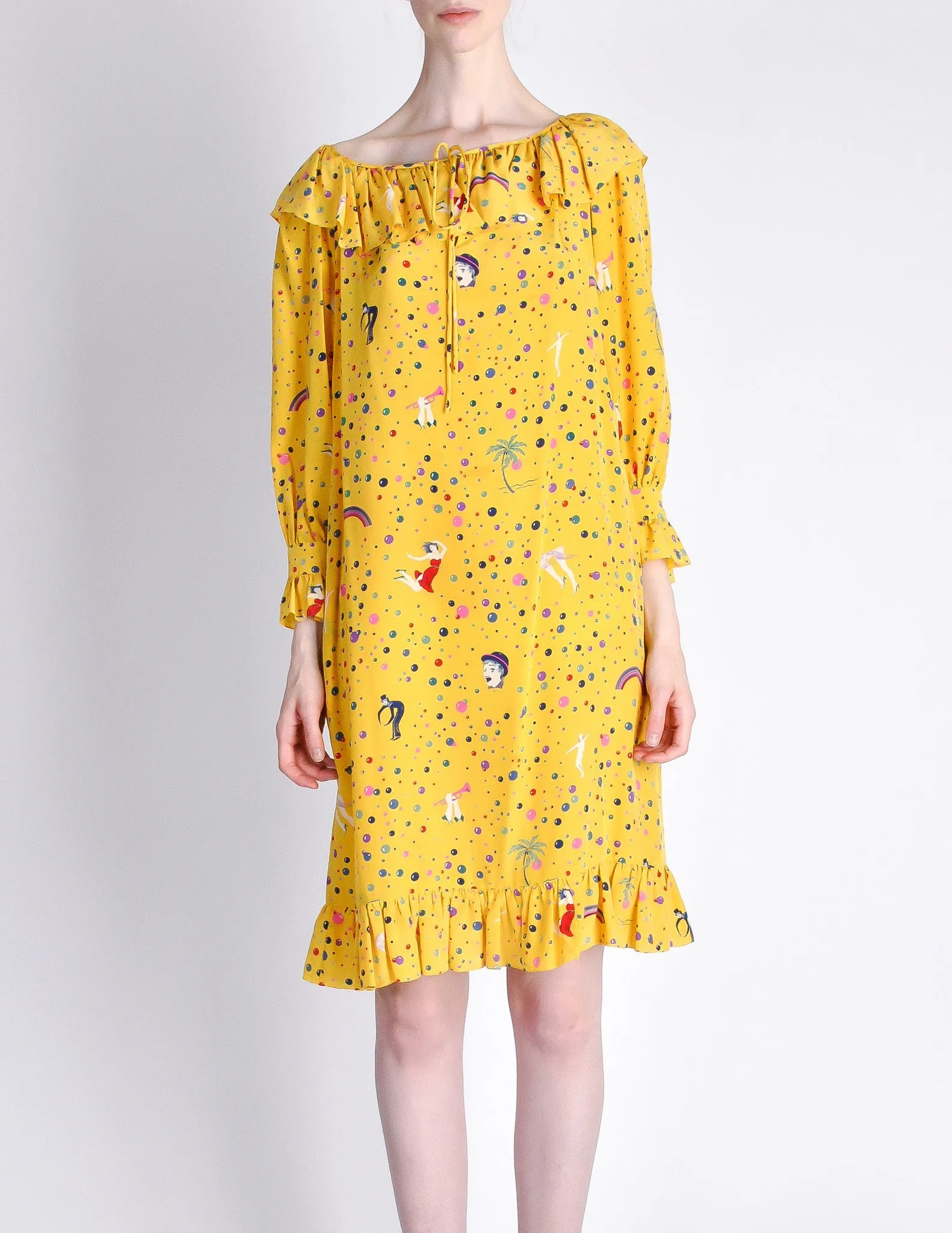 Ungaro Vintage 1970s Bright Yellow Carnival Bubble Print Dress