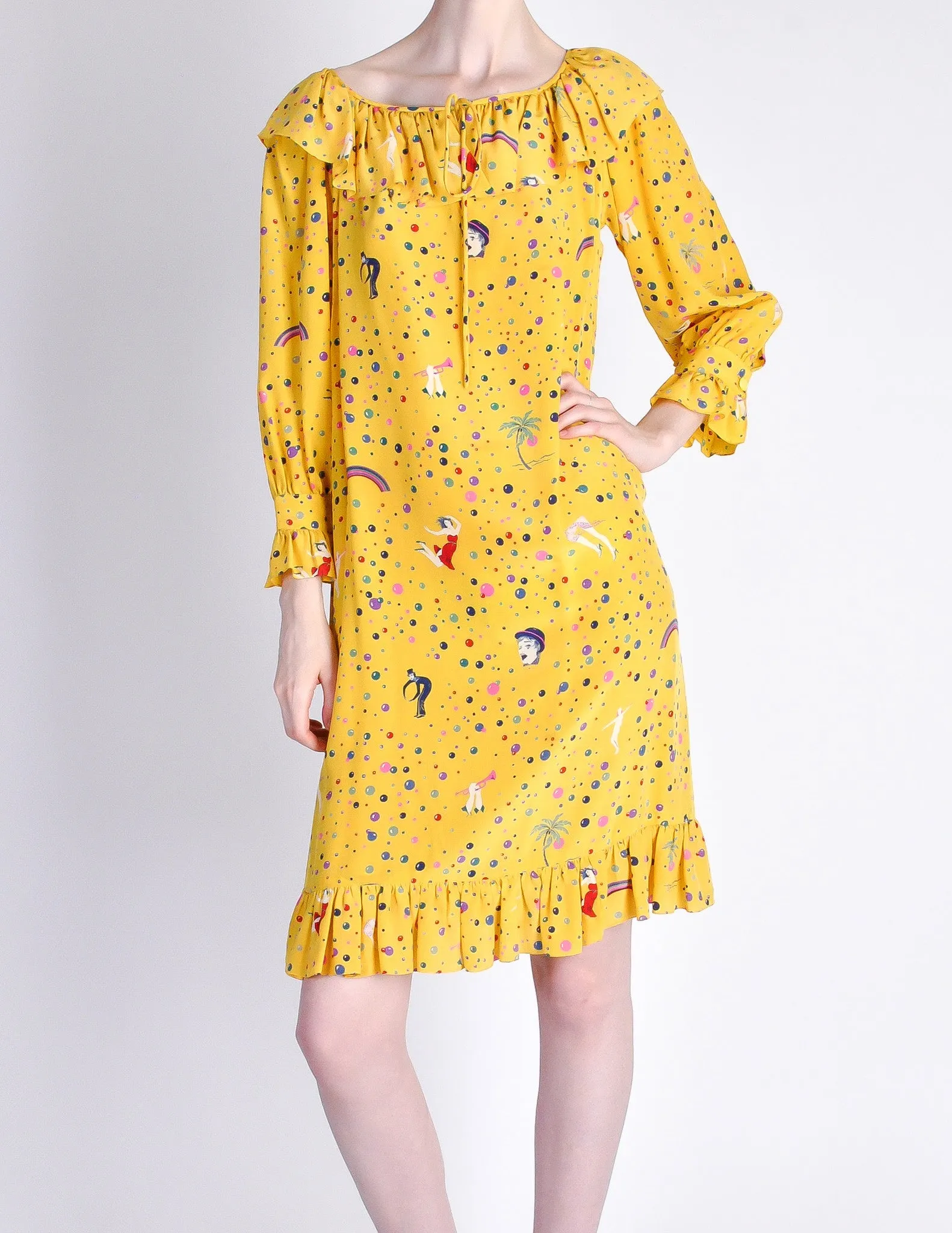 Ungaro Vintage 1970s Bright Yellow Carnival Bubble Print Dress