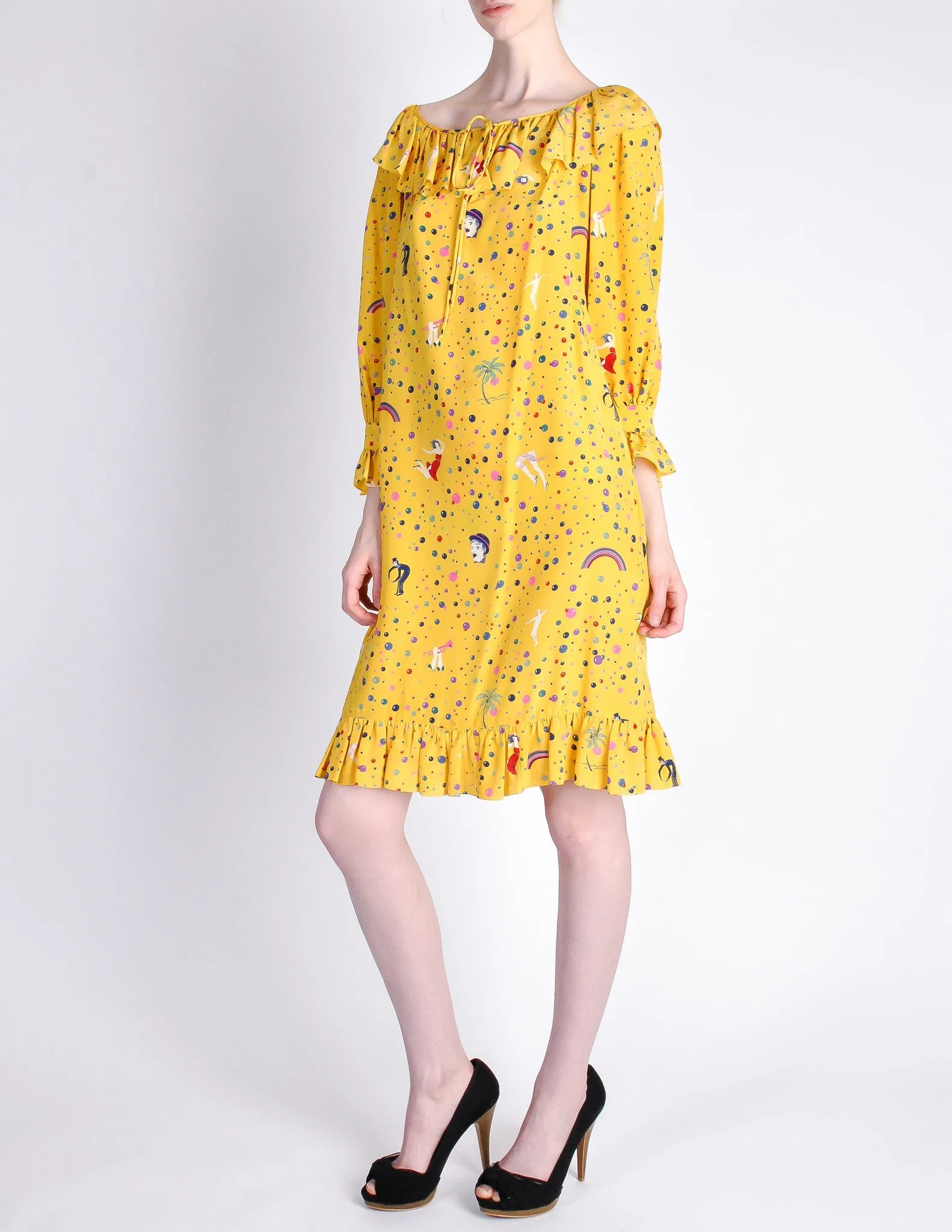 Ungaro Vintage 1970s Bright Yellow Carnival Bubble Print Dress