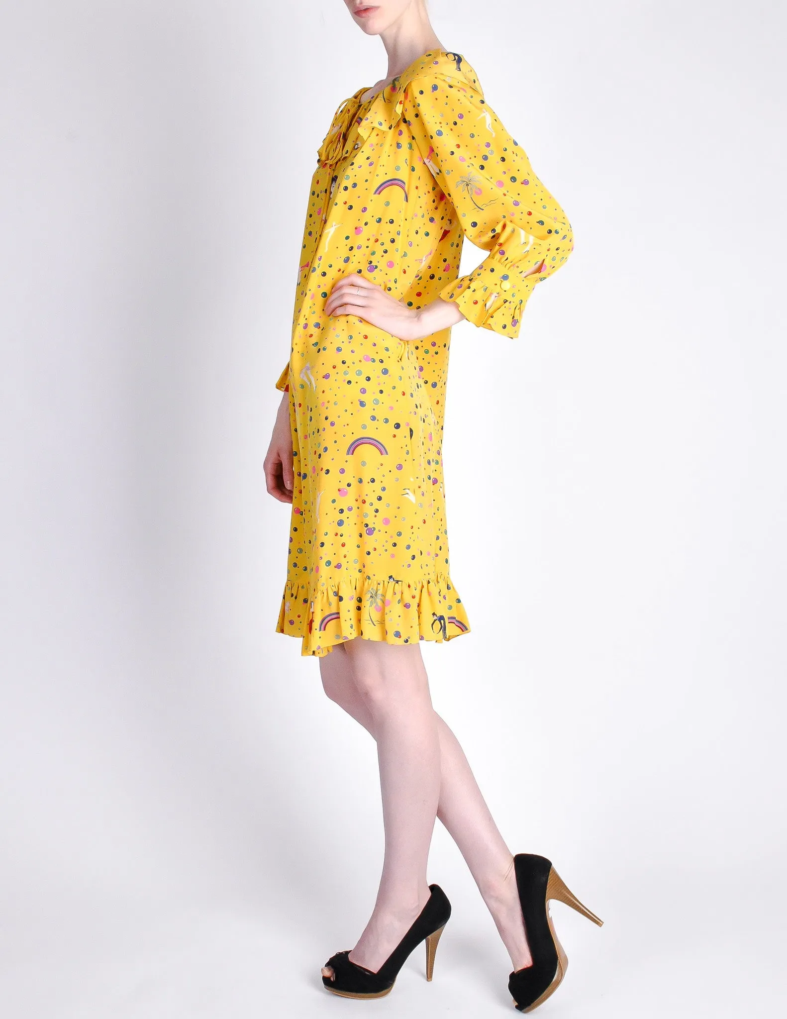 Ungaro Vintage 1970s Bright Yellow Carnival Bubble Print Dress