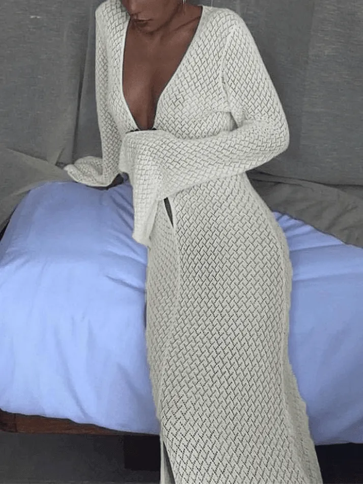 Uniwim Crochet Long Sleeve Maxi Beach Dress