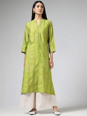 Utsa Lime Green Striped A-Line Kurta