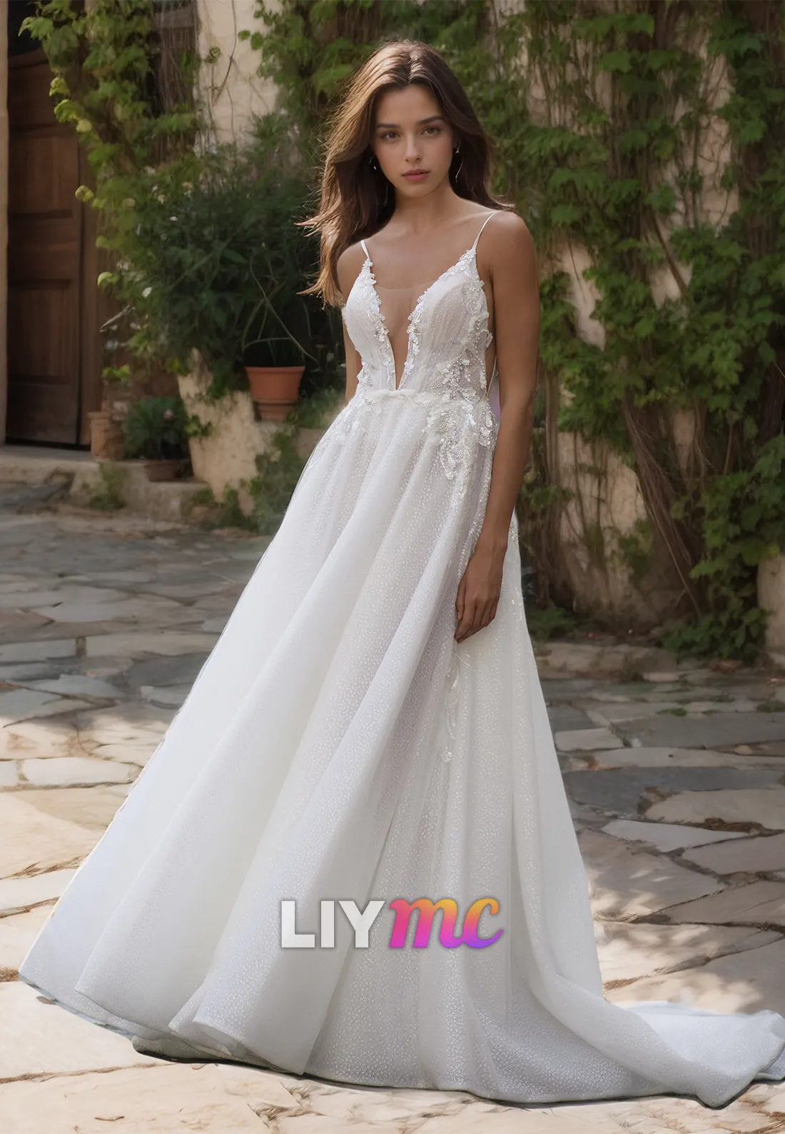 V-Neck Spaghetti Sraps Appliques Pleated A-Line Wedding Dress