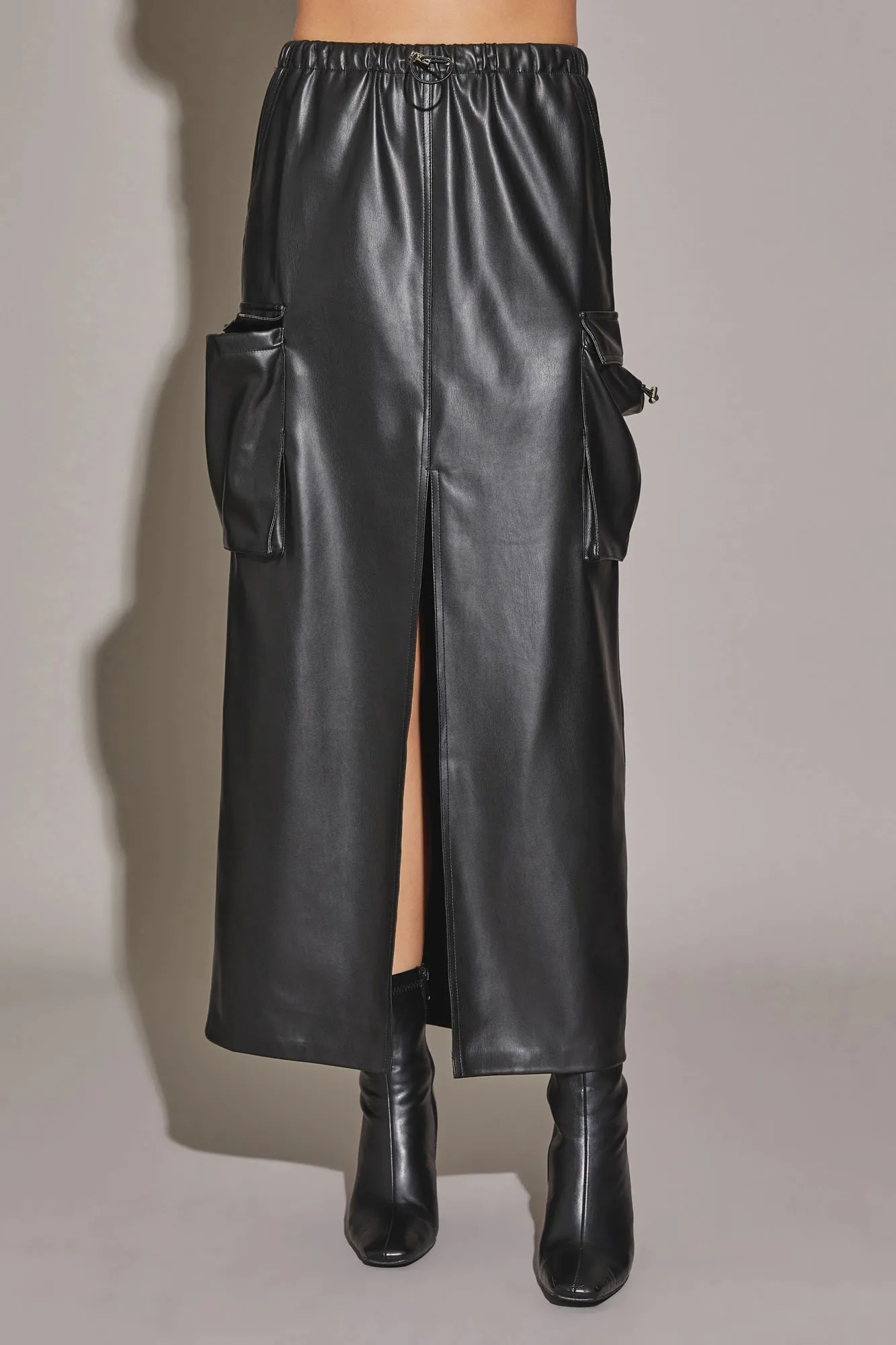 Vegan Leather Front Slit Cargo Drawstring Midi Skirt