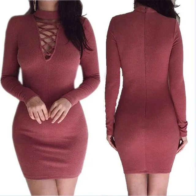 VenusFox Zipper O-neck Sexy Knitted Dress Long Sleeve Bodycon Sheath Pack Hip Dress