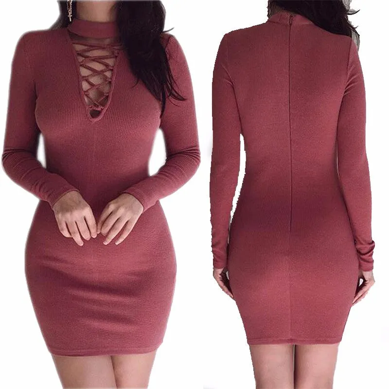 VenusFox Zipper O-neck Sexy Knitted Dress Long Sleeve Bodycon Sheath Pack Hip Dress