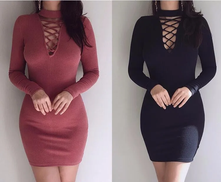 VenusFox Zipper O-neck Sexy Knitted Dress Long Sleeve Bodycon Sheath Pack Hip Dress