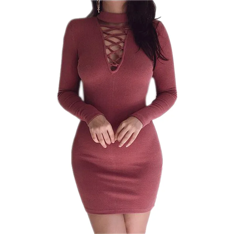 VenusFox Zipper O-neck Sexy Knitted Dress Long Sleeve Bodycon Sheath Pack Hip Dress