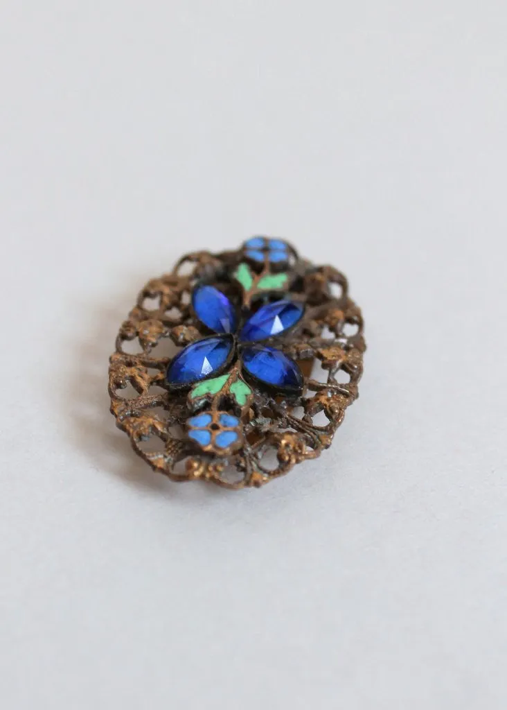 Vintage 1930s  Blue Glass and Enamel Brass Dress Clip